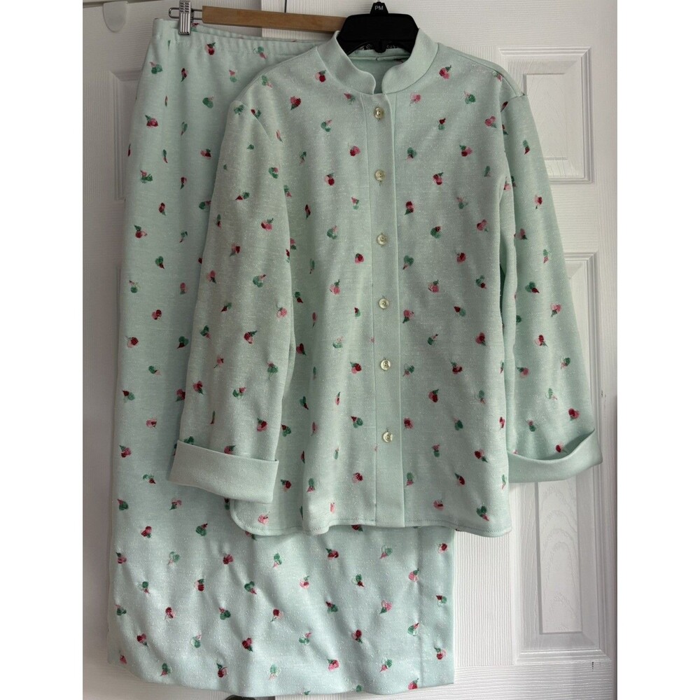 VTG Paula Brooks Jacket Skirt Set Mint Green Pink Flowers 60s Feminine Rosettes